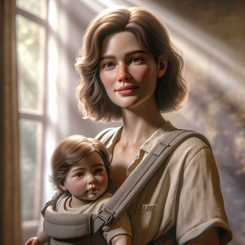 A parent carrying a baby using a baby carrier, illustrating a strong bond in a cozy home setting.