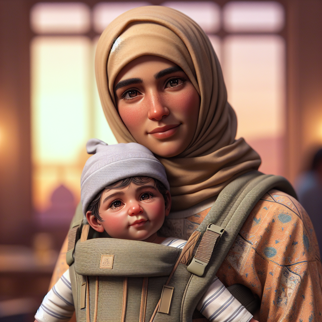 A parent carrying a baby in an ergonomic baby carrier in a warmly lit indoor setting.