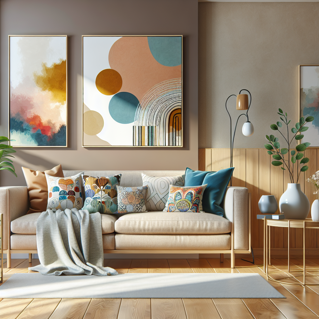 A modern living room with personalized home decor including canvas prints, customized cushions, and a throw blanket.