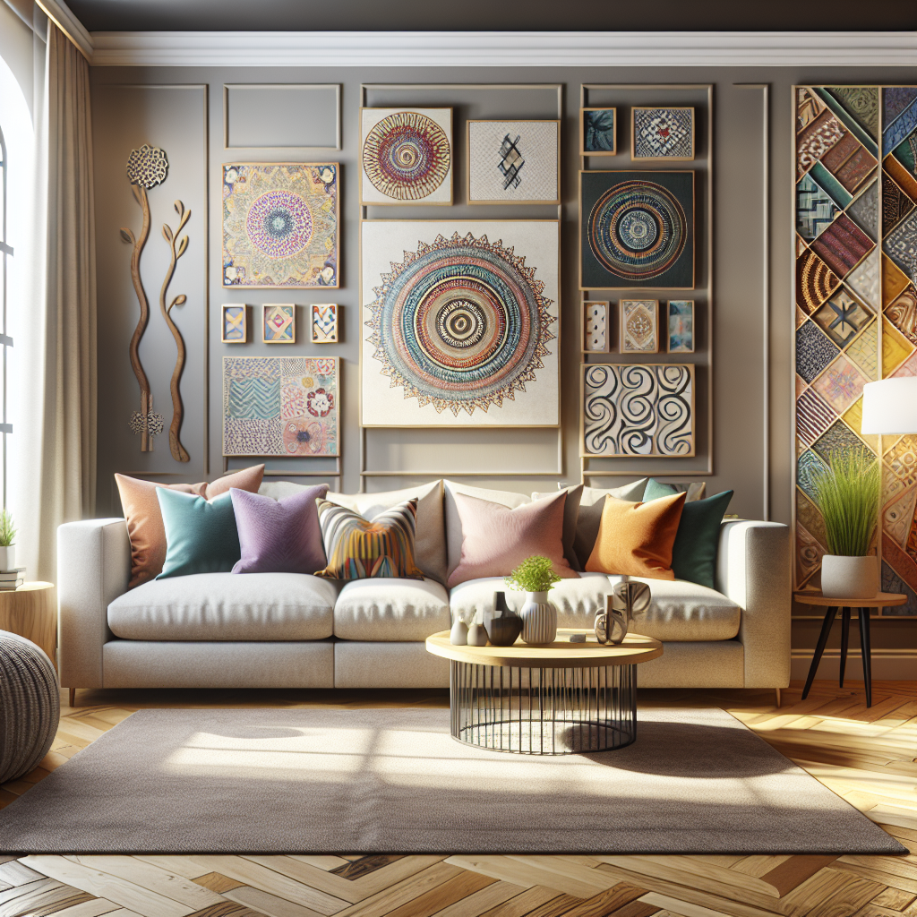 A cozy living room featuring various print on demand home decor items like canvas prints, wall decals, and personalized cushions.