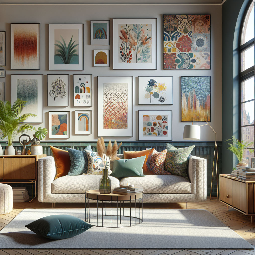 A cozy living room featuring various print on demand products like canvas prints, customized cushions, and personalized furniture pieces.