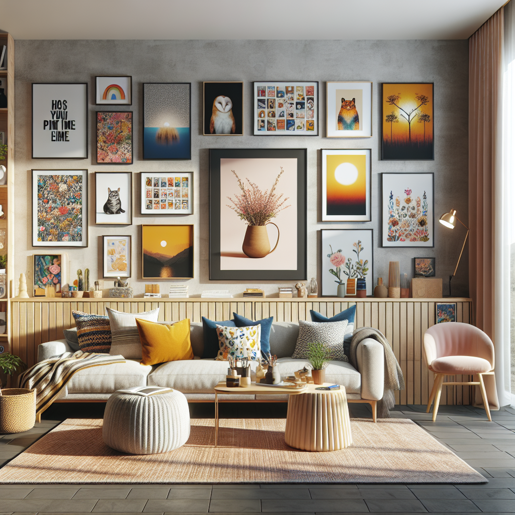 Realistic image of a modern living room with custom canvas prints, personalized cushions, and decorative throws, representing print on demand home decor.
