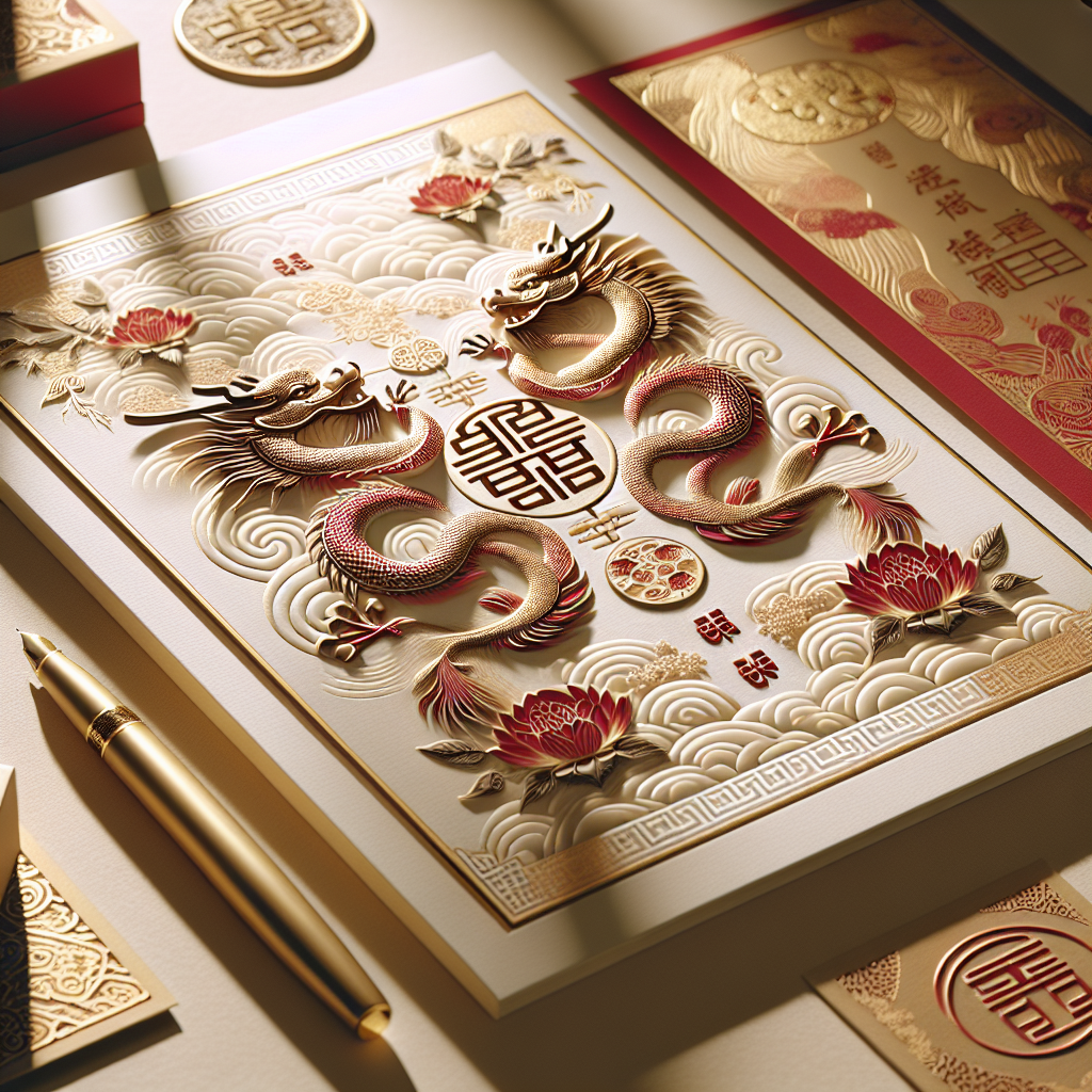 A realistic depiction of a traditional Chinese wedding card with intricate red and gold designs on an elegant table.