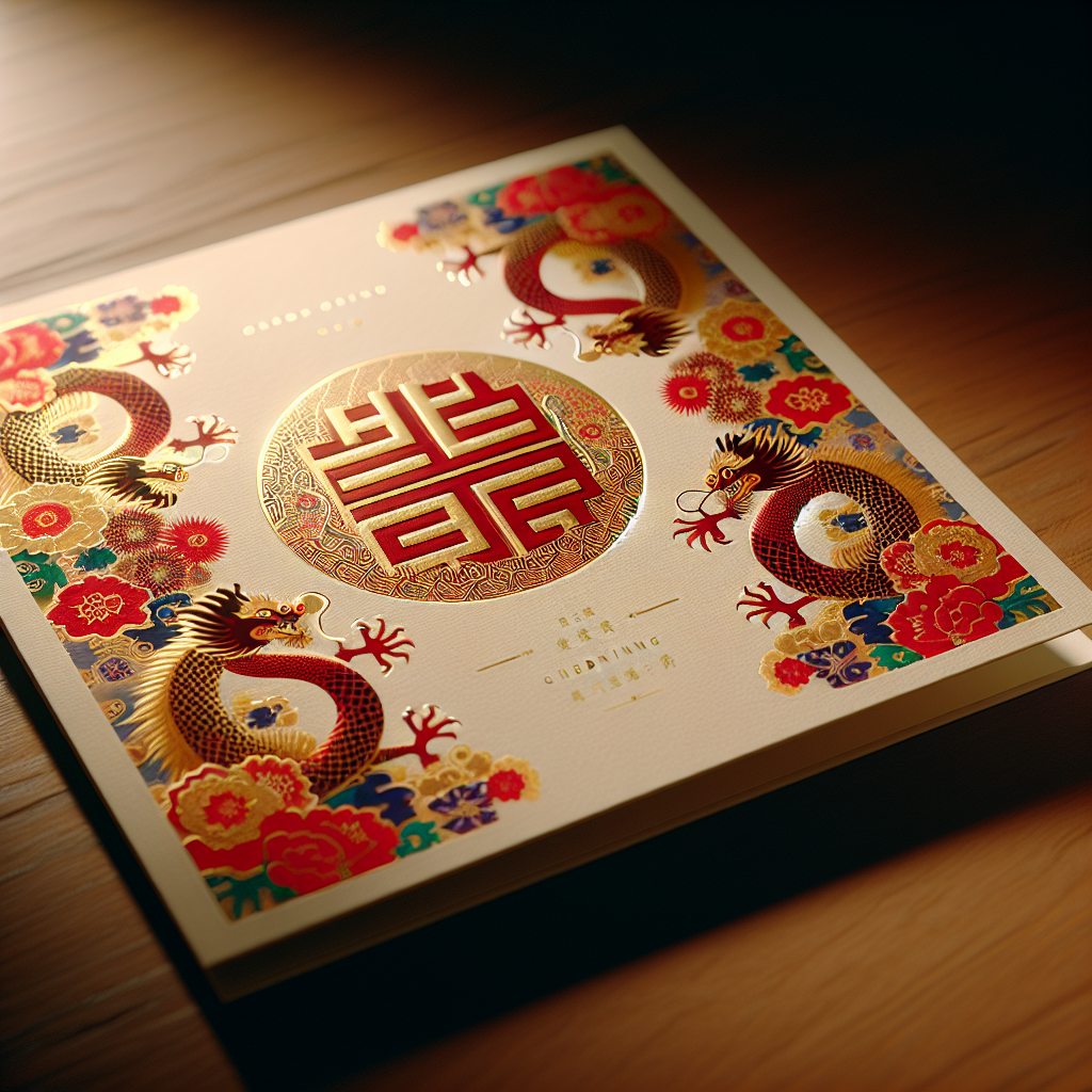 A realistic depiction of a Chinese wedding card on a wooden desk with red and gold traditional designs.