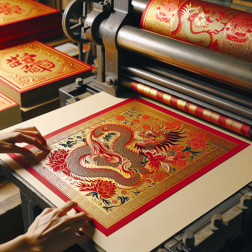 Traditional Chinese wedding cards being printed in a workspace with red and gold designs and elegant calligraphy.