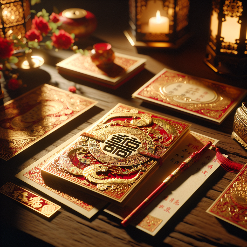 Chinese wedding invitations featuring traditional red and gold colors with modern designs, placed on a wooden table.