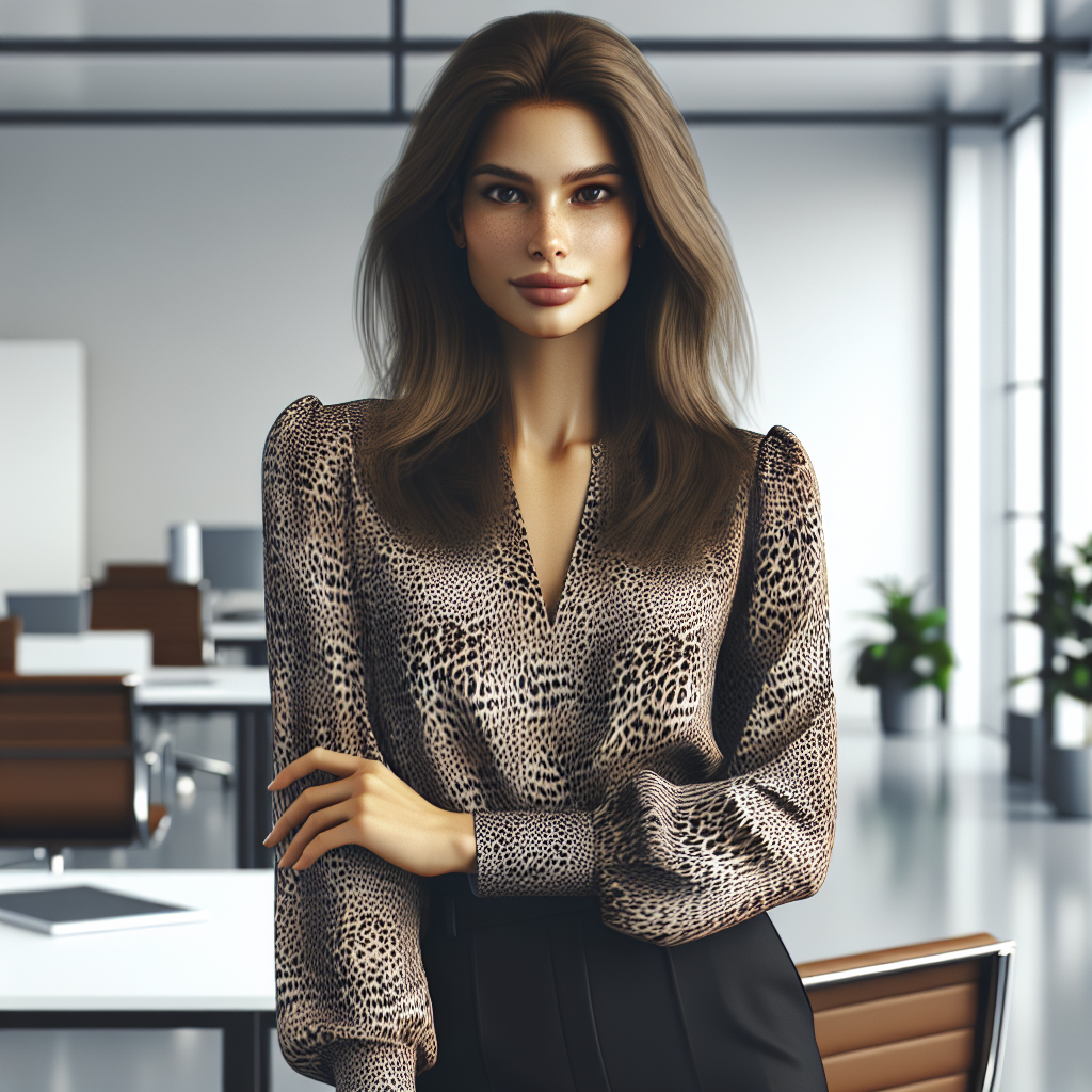 A professional woman confidently wearing a leopard print blouse in a modern office setting.