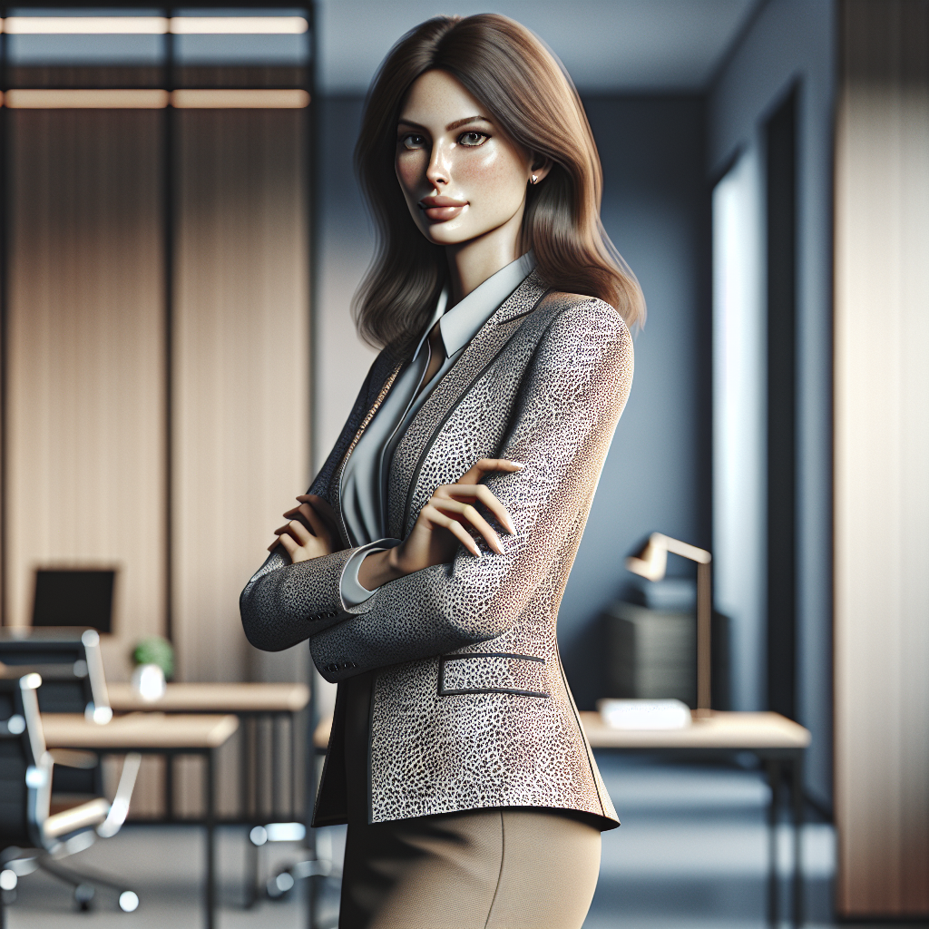 A woman in a modern office wearing a professional outfit with subtle leopard print details.
