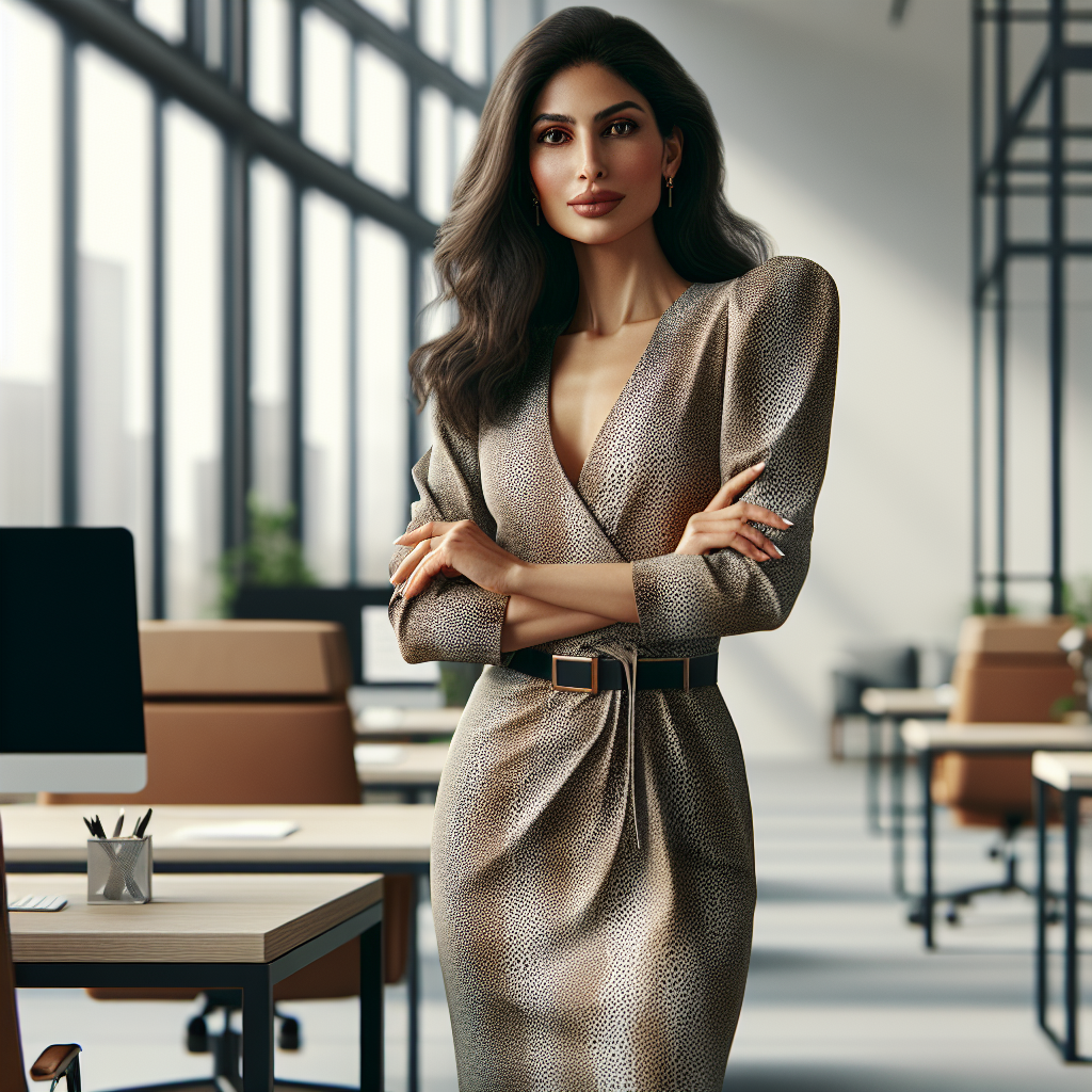 A professional woman wearing a subtle leopard print dress in a modern office.