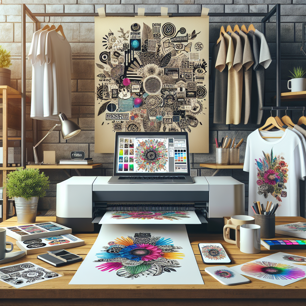 A workspace with a digital printer producing custom t-shirts, mugs, and phone cases, emphasizing the detail and vibrancy of print on demand items.