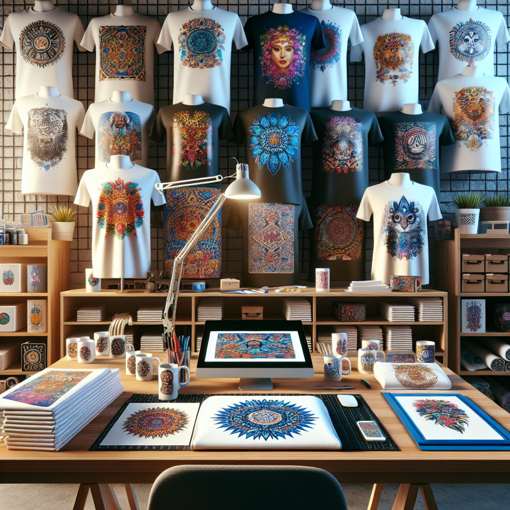 A realistic scene showcasing various print on demand items including t-shirts, mugs, home decor, and phone cases on a clean workspace.