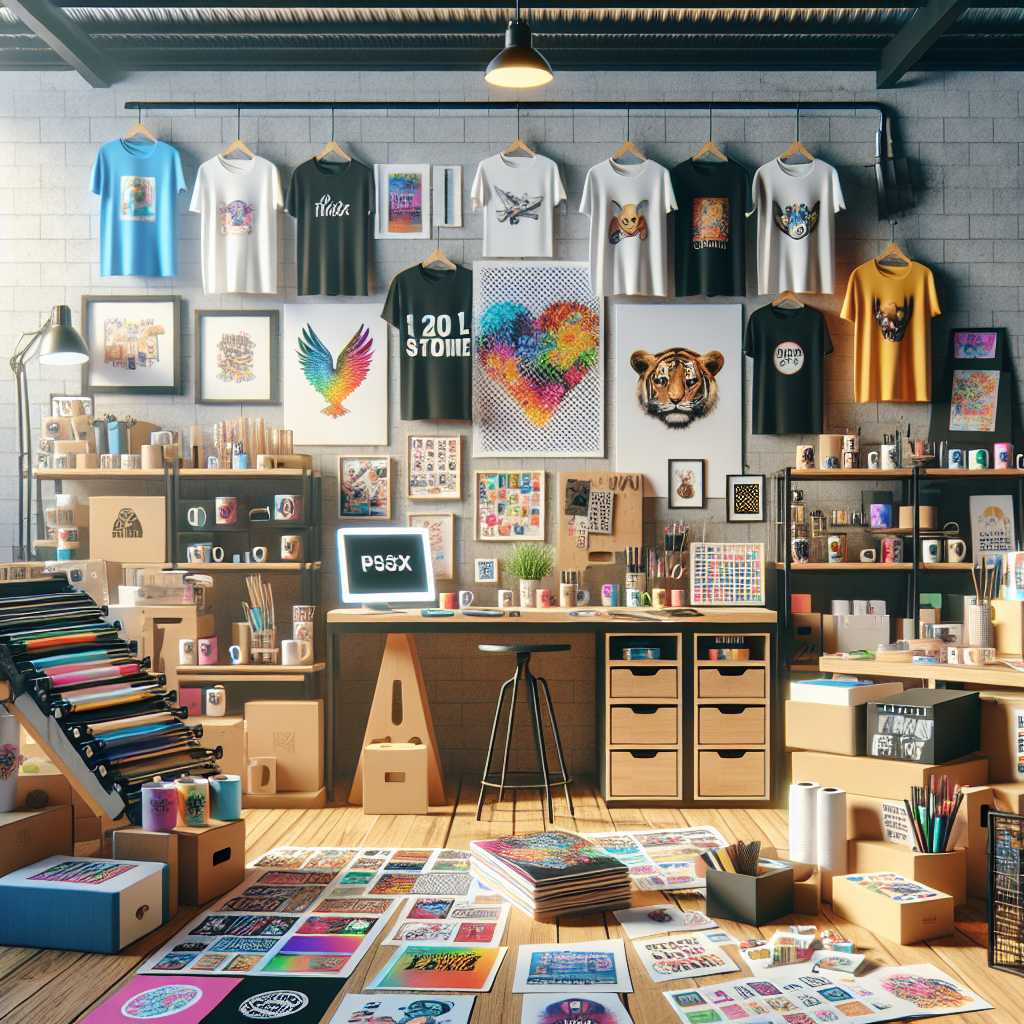 A lively print-on-demand workspace with various printed products like t-shirts and mugs.