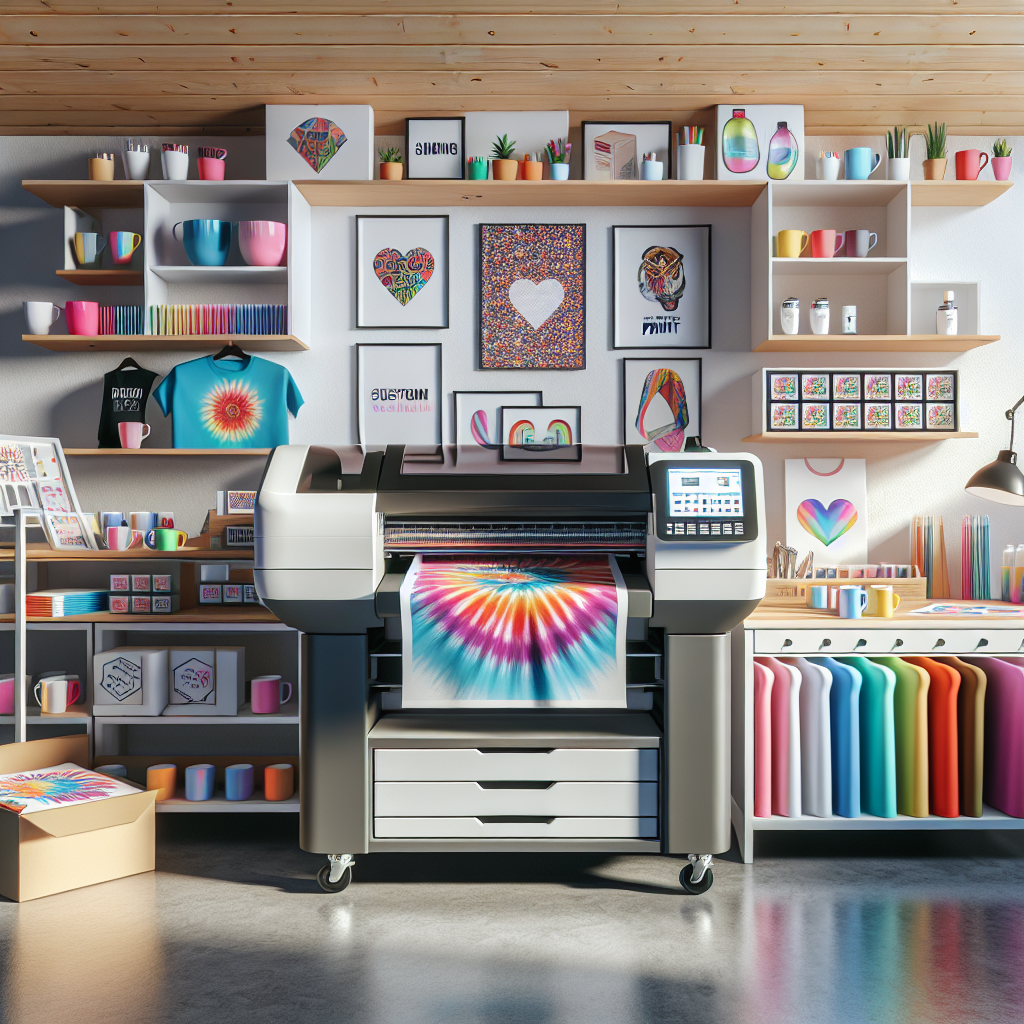 A modern print-on-demand workspace with a digital printer and various custom products.