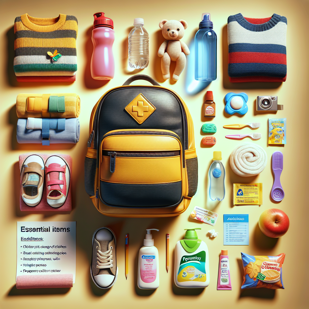 Essential items for childcare packing in Singapore, including clothes, water bottle, snacks, blanket, hygiene products, toy, and emergency contacts.