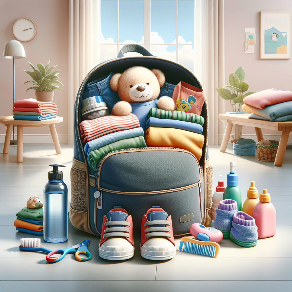 Essential childcare packing items including a backpack, clothes, toiletries, water bottle, plush toy, and shoes, organized neatly.