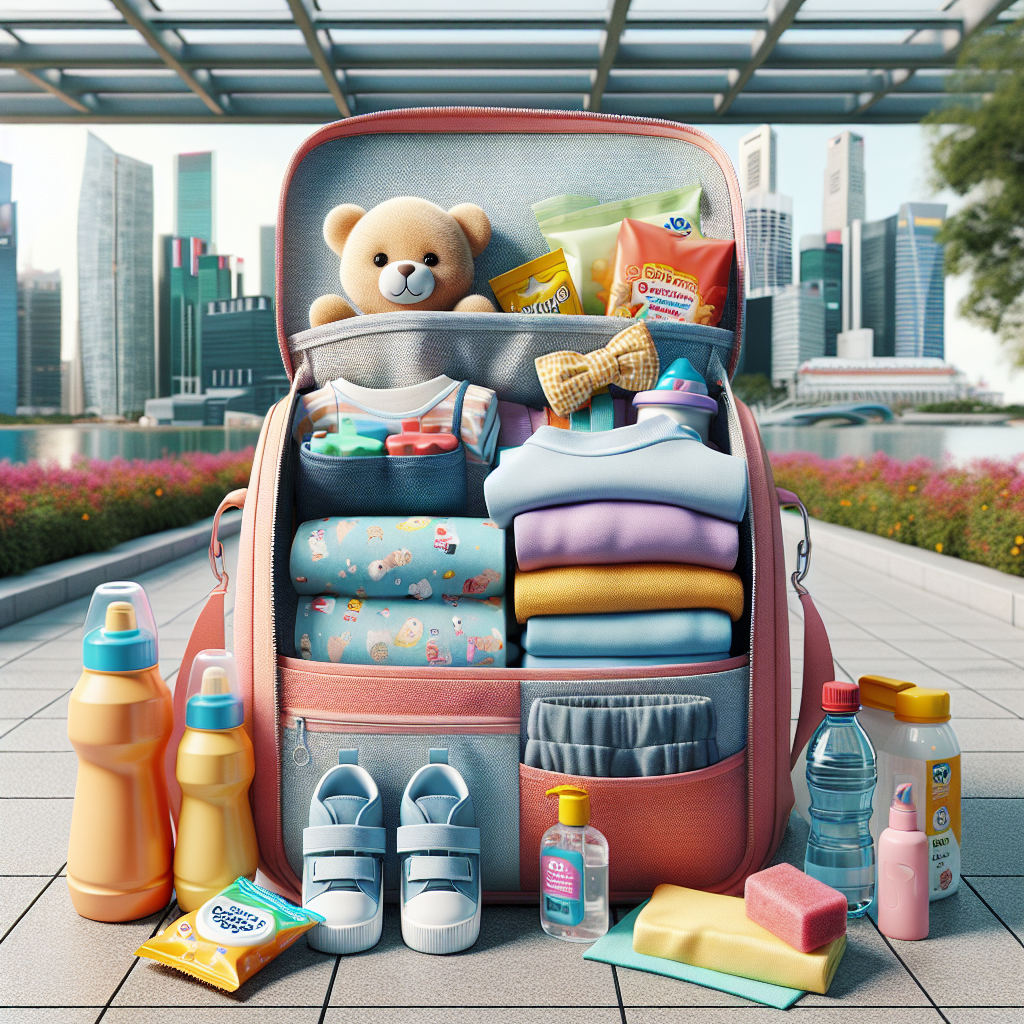An organized childcare bag packed with essential items for a young child in Singapore.