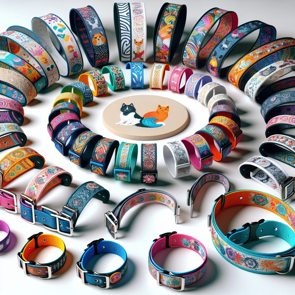 Different print on demand pet collars displayed on a white surface without text.