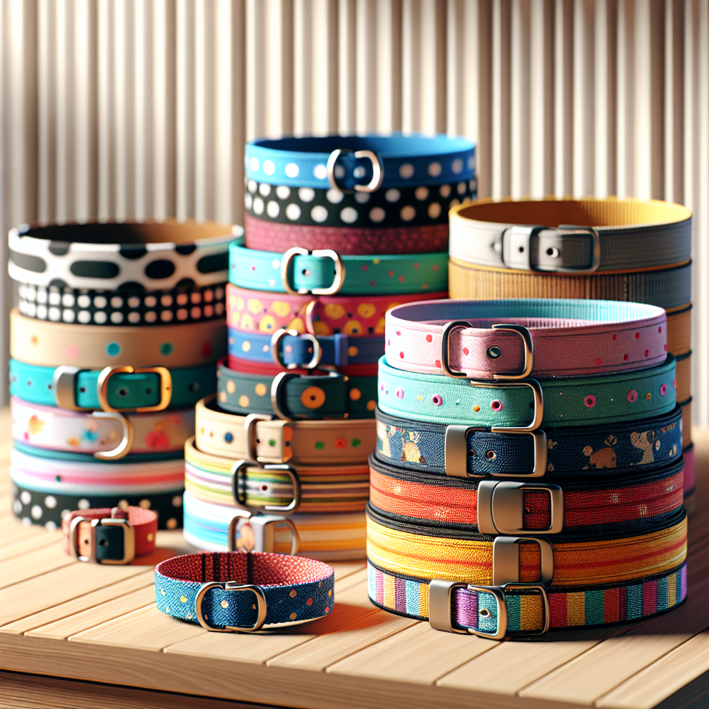 A variety of custom designed pet collars displayed on a wooden table, featuring vibrant patterns and colors, with a softly blurred background.