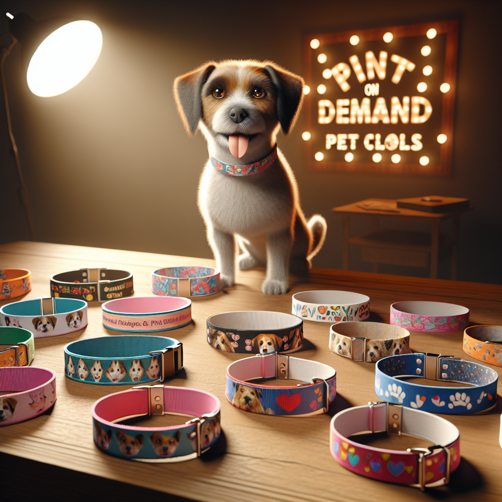 Various custom-designed pet collars displayed in a cozy setting with a short-haired dog wearing one.