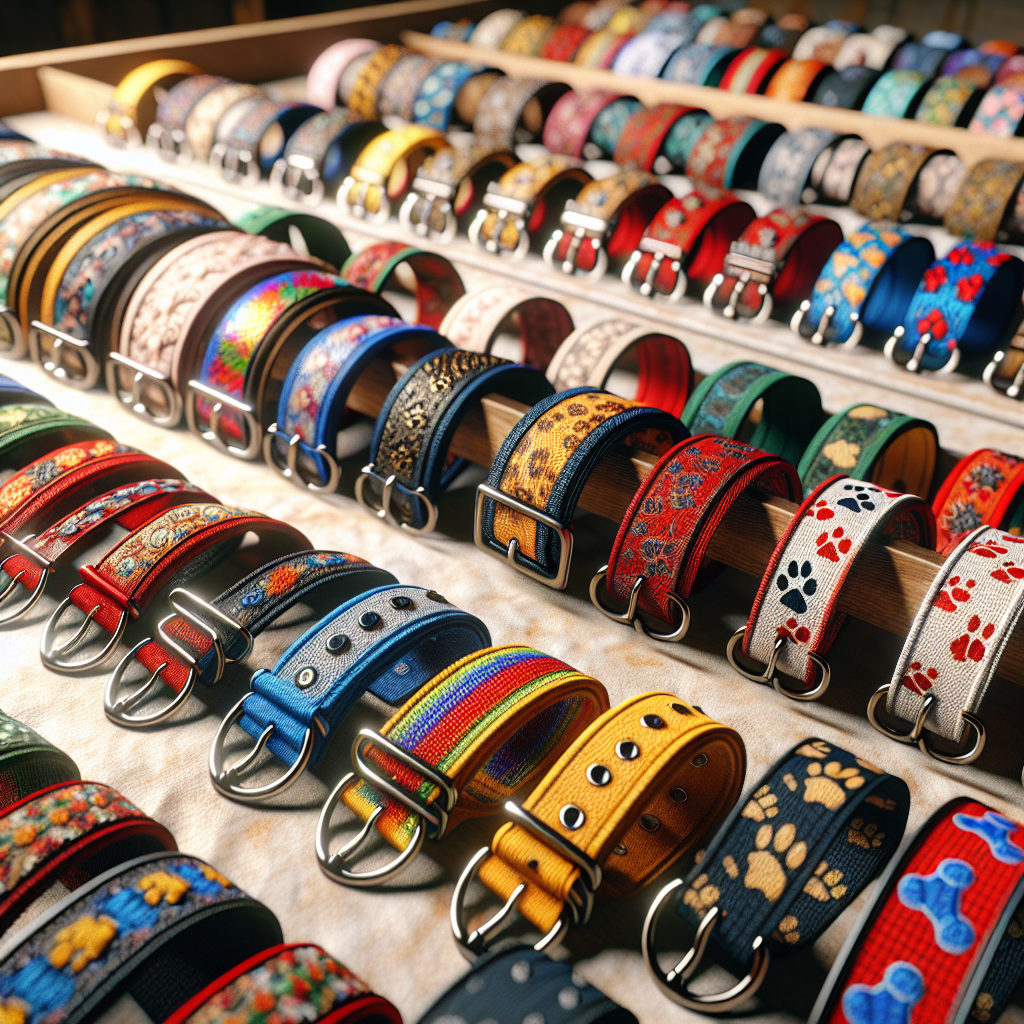 A variety of custom-designed pet collars in different sizes and vibrant patterns displayed on a table.