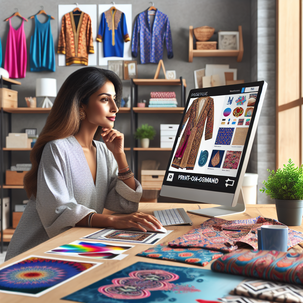 A woman using H&M's Print on Demand service with various custom-made items around her.