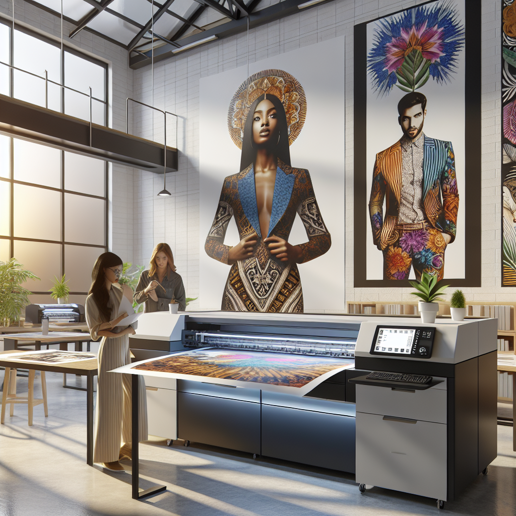 A depiction of H&M's print on demand service with people wearing custom printed clothing in a modern room.