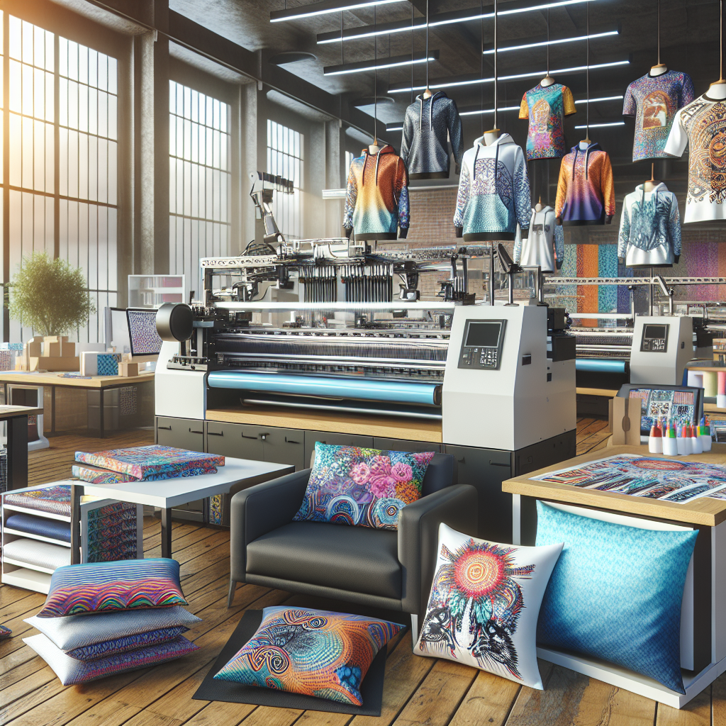 A modern workspace showcasing H&M's Print on Demand service with advanced printing technology and colorful custom designs on various items.