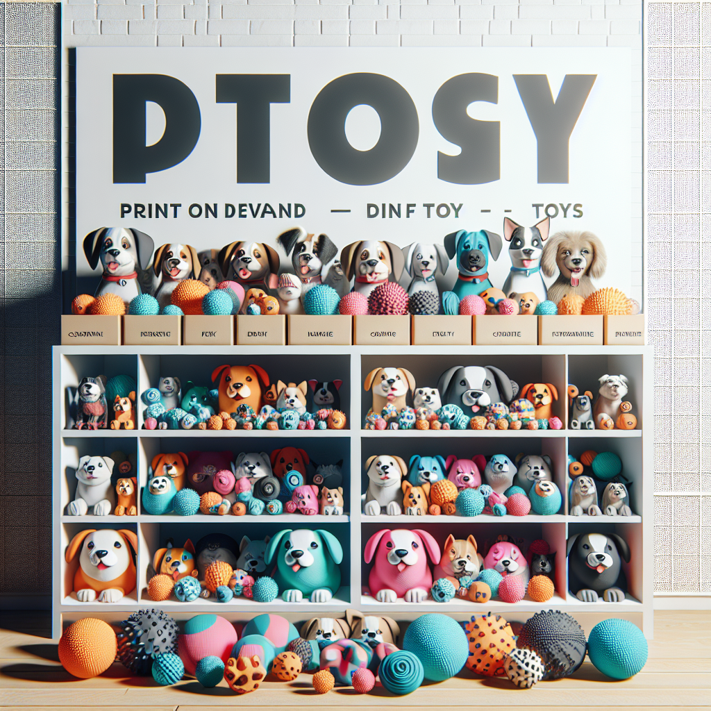 Variety of customizable print on demand dog toys featuring different shapes, sizes, and vibrant designs, displayed in a well-lit indoor setting.