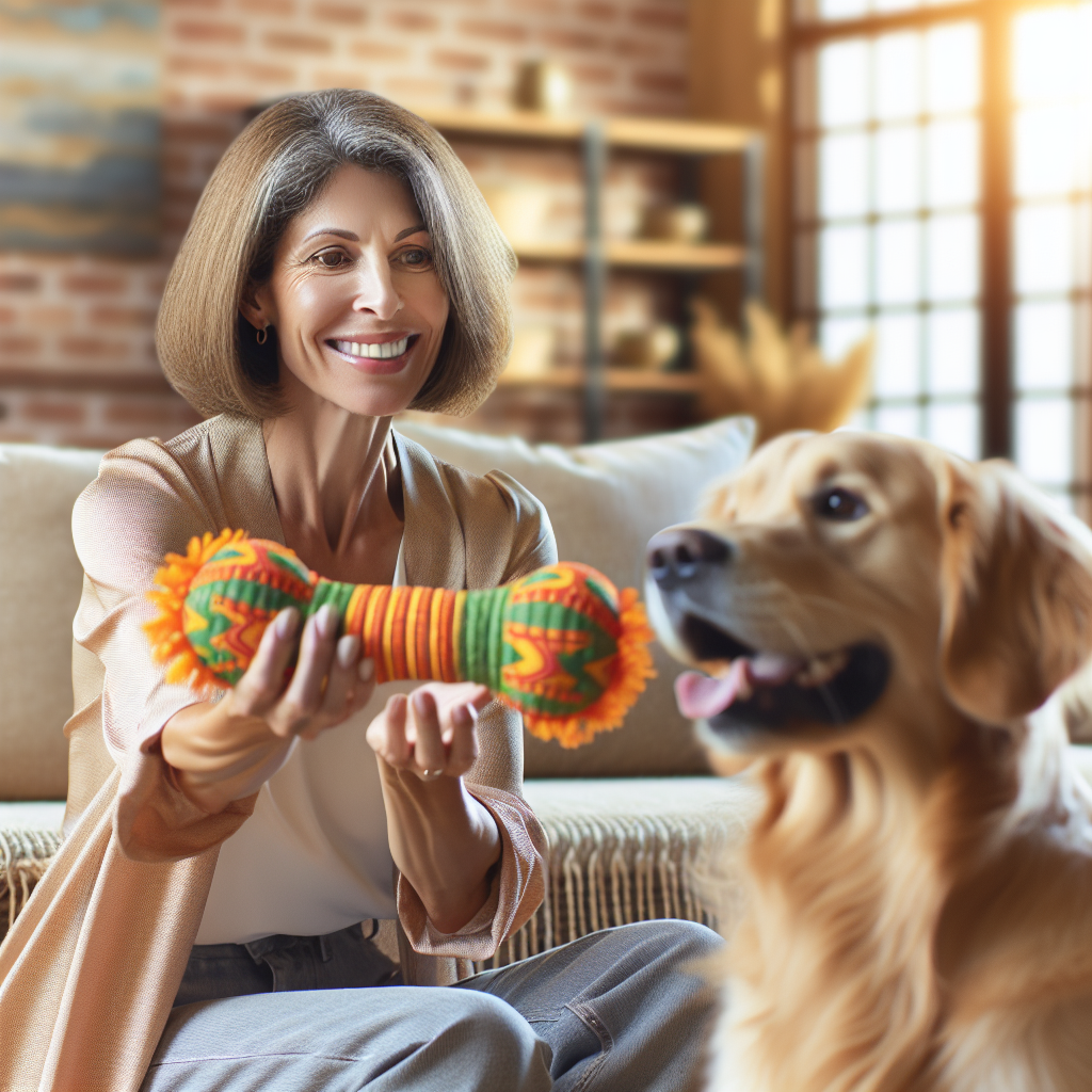 A pet owner playing with a customizable print on demand dog toy and her golden retriever in a cozy home.