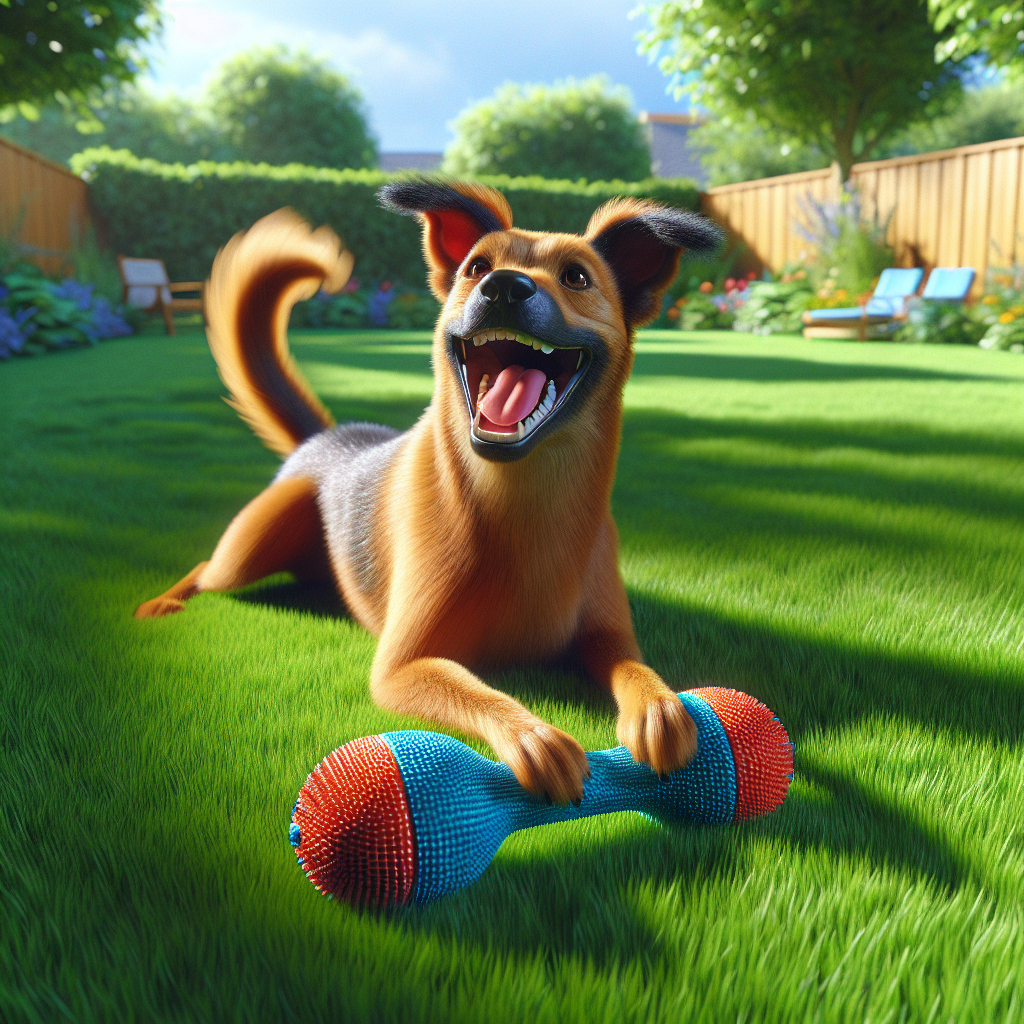 A happy dog playing with a customized toy in a green backyard under bright sunlight.