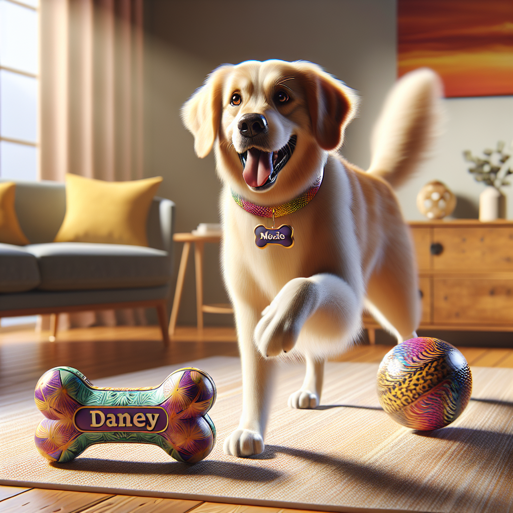 A cheerful Golden Retriever playing with customized print on demand dog toys in a cozy living room.
