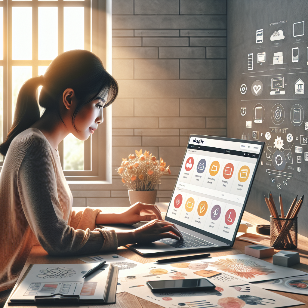 Person in a home office setting up a Shopify store on a laptop surrounded by sketches and product samples.