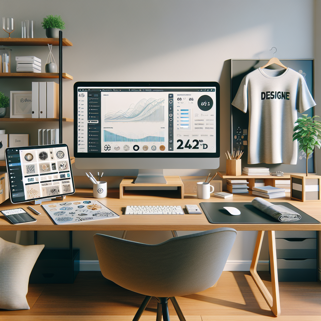 Modern home office setup for a Print on Demand business using Shopify, featuring a desktop computer, tablet, and a POD product.