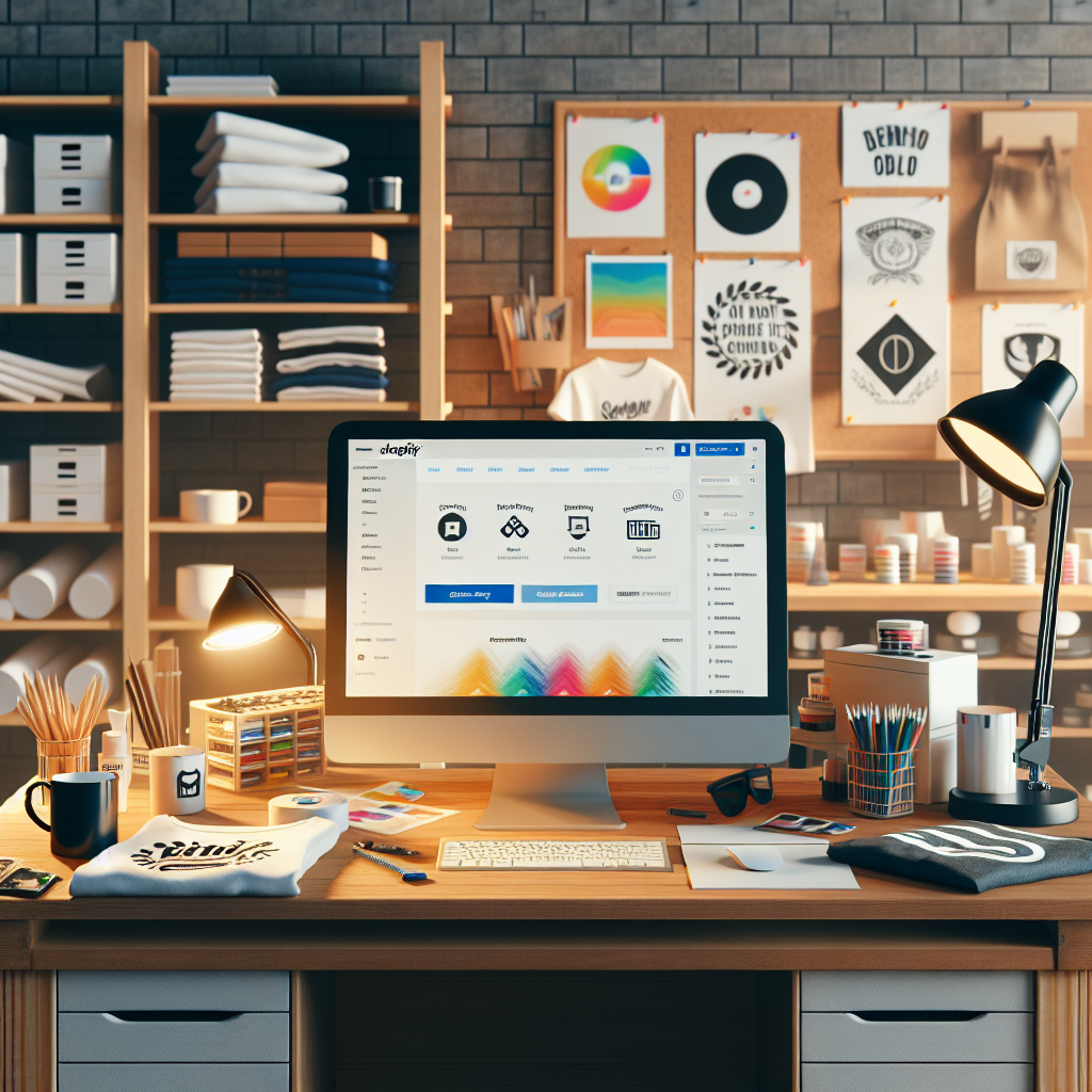 A realistic workspace setup for a Print on Demand business using Shopify, featuring a desk, computer, and sample printed products.