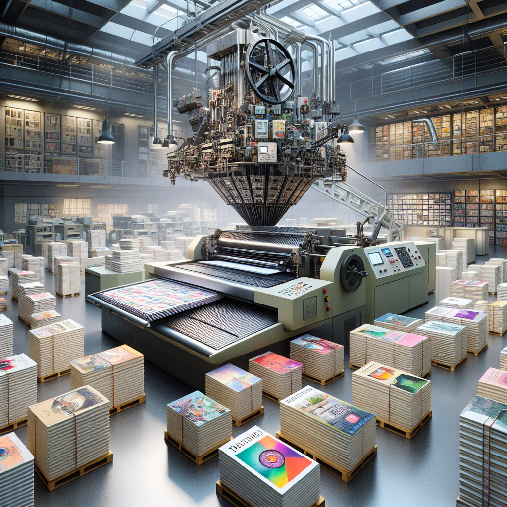 A realistic image of a printing press in action surrounded by freshly printed books in a modern workspace in Singapore.