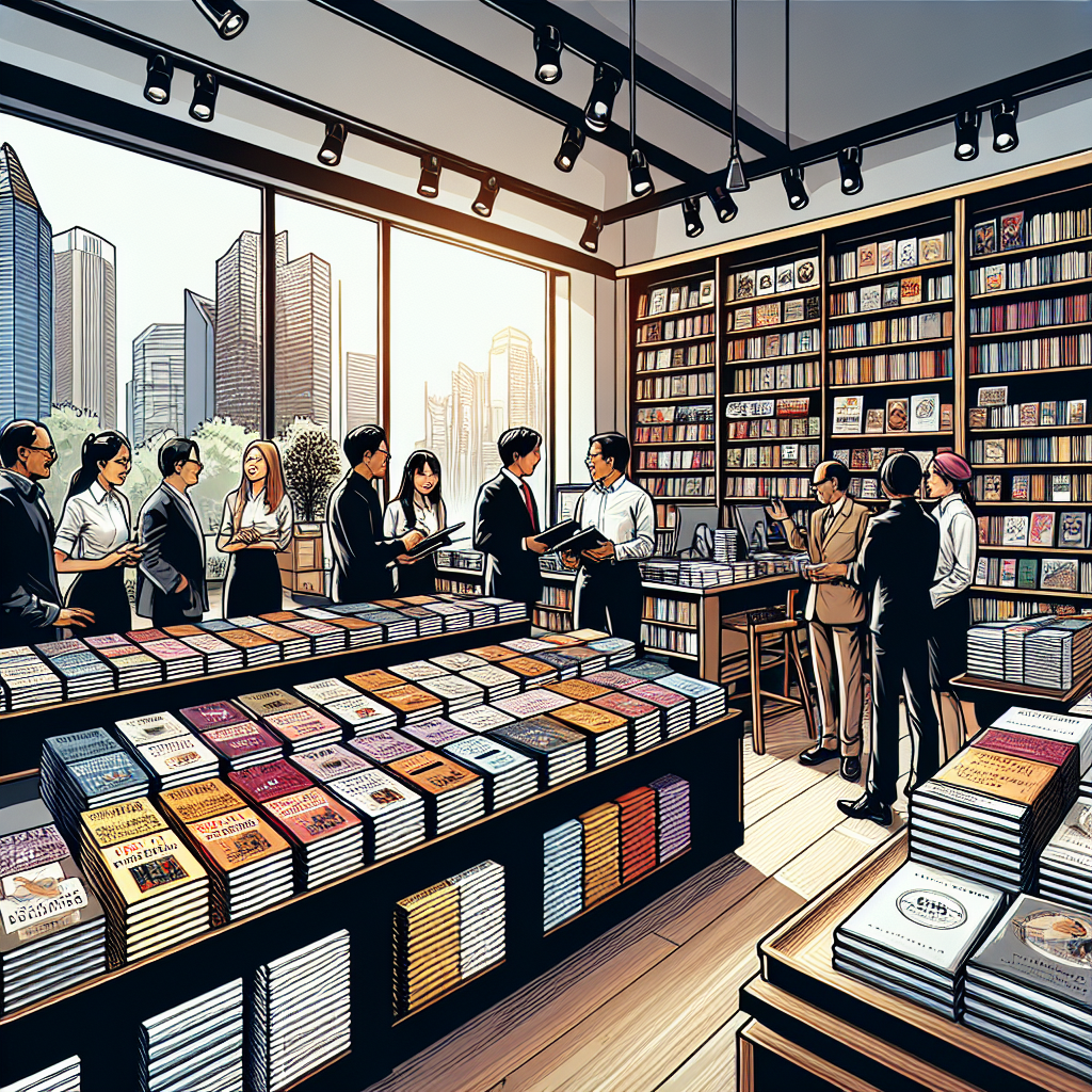 A modern print-on-demand bookshop in Singapore with professionals discussing and books on shelves.