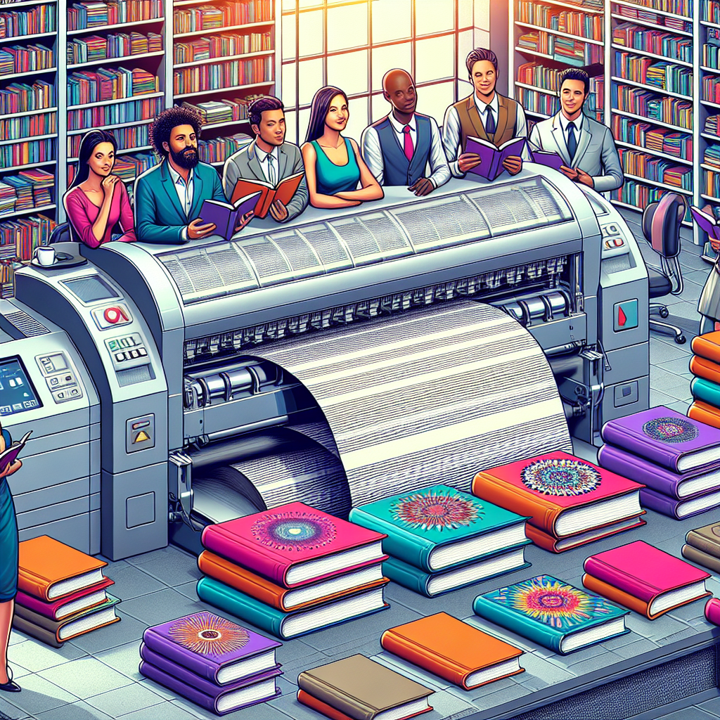 Illustration of a modern office with print on demand book printing machine and happy people.