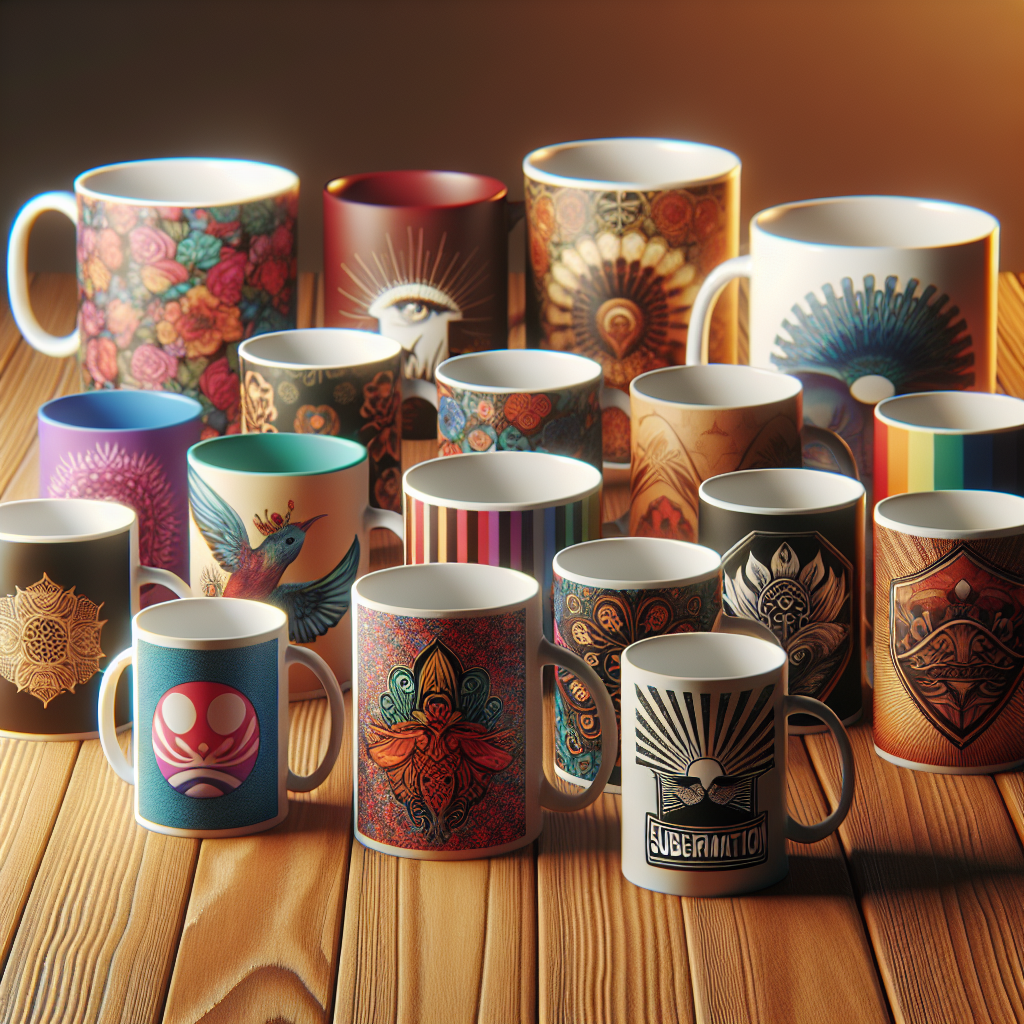 Realistic image of custom-printed mugs showcasing various designs and printing methods on a table.