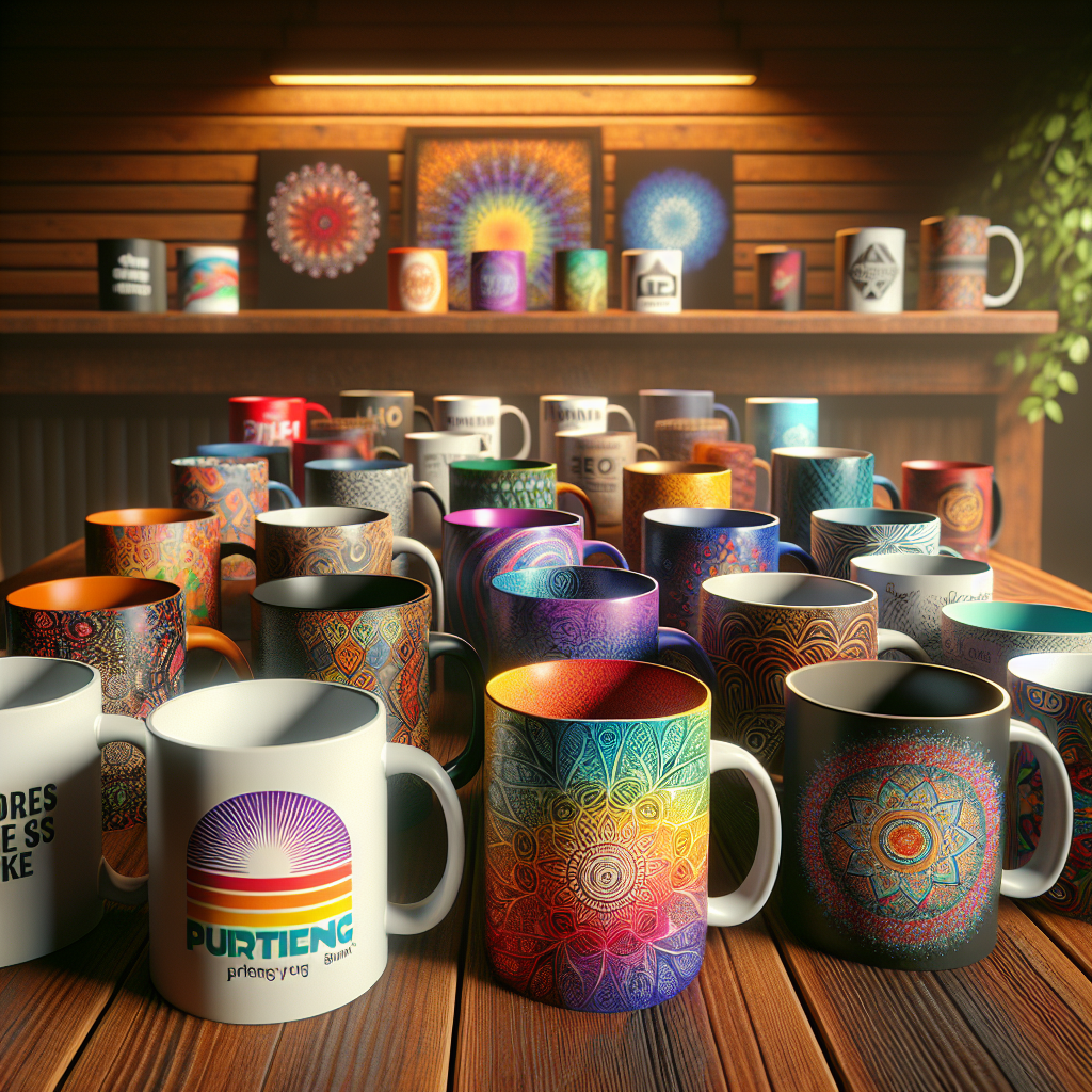 Various custom-printed mugs with diverse designs arranged on a wooden table in a cozy setting.