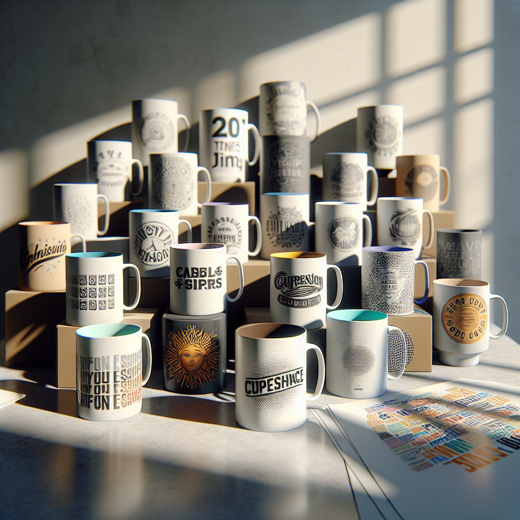 A realistic image of various custom-printed mugs on a table, showcasing different designs and colors.