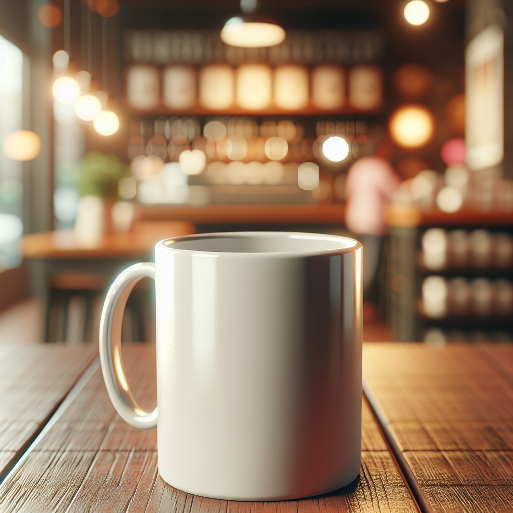 A white ceramic mug on a wooden table in a cozy coffee shop setting.