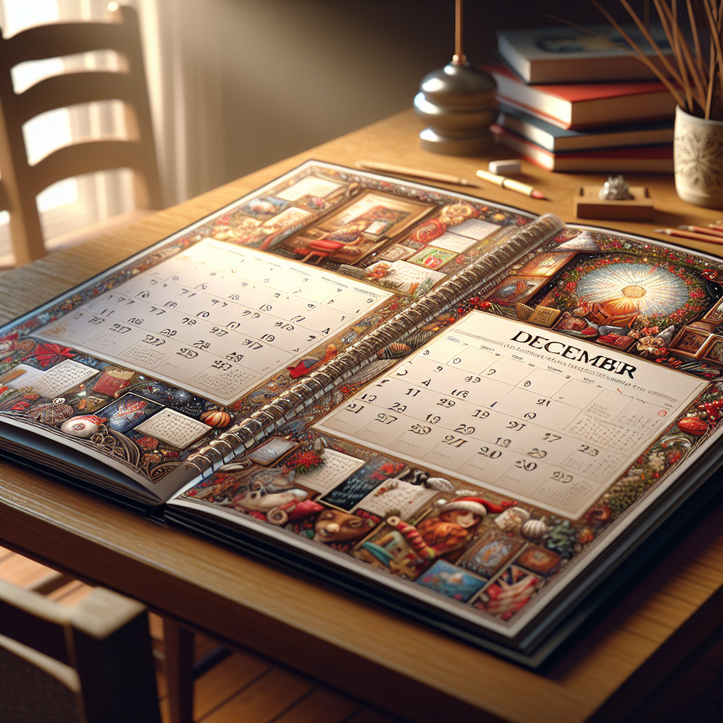 A realistic holiday calendar open on a wooden table, showcasing festive photos and personalized dates.
