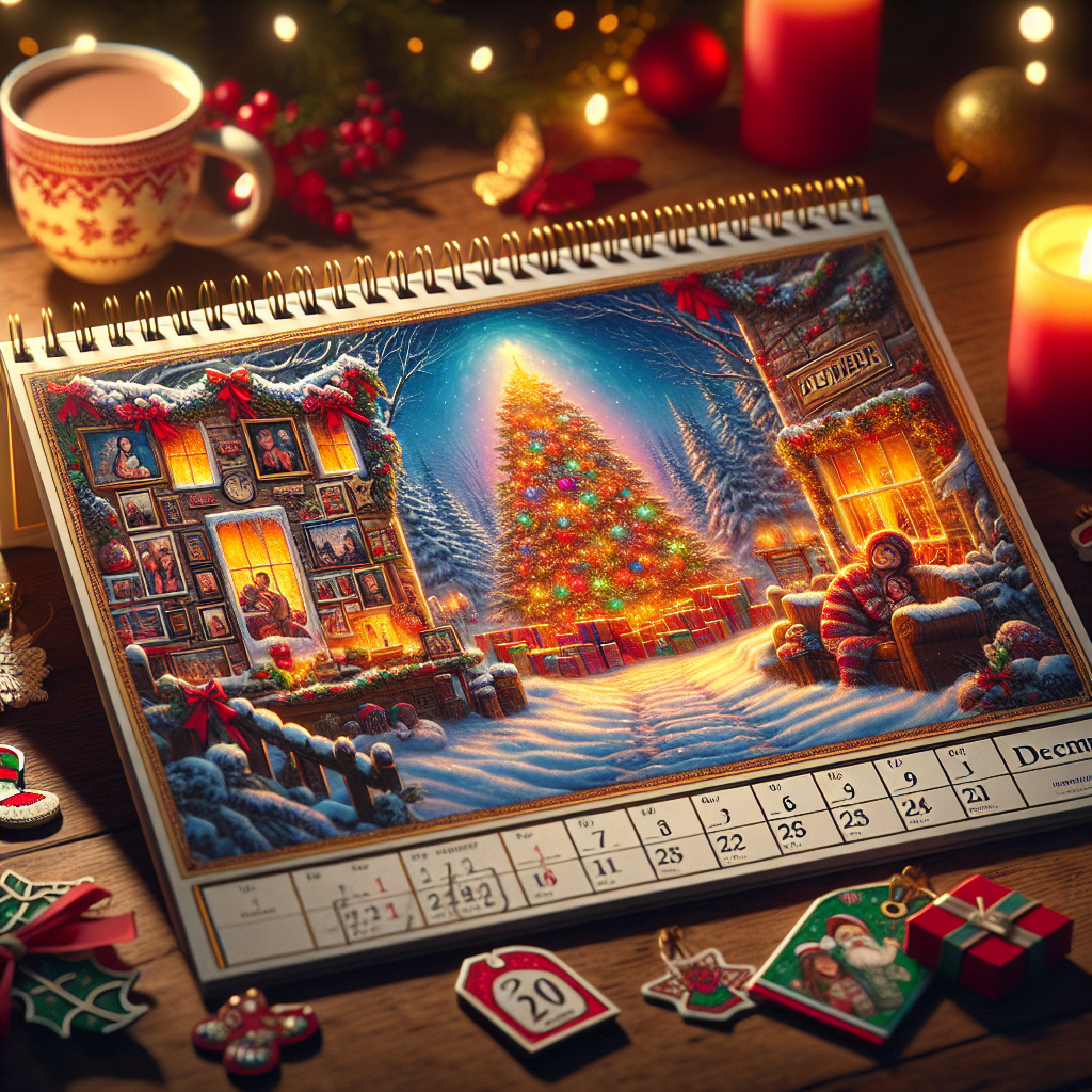 A festive print on demand holiday calendar open on a wooden table with Christmas decorations.