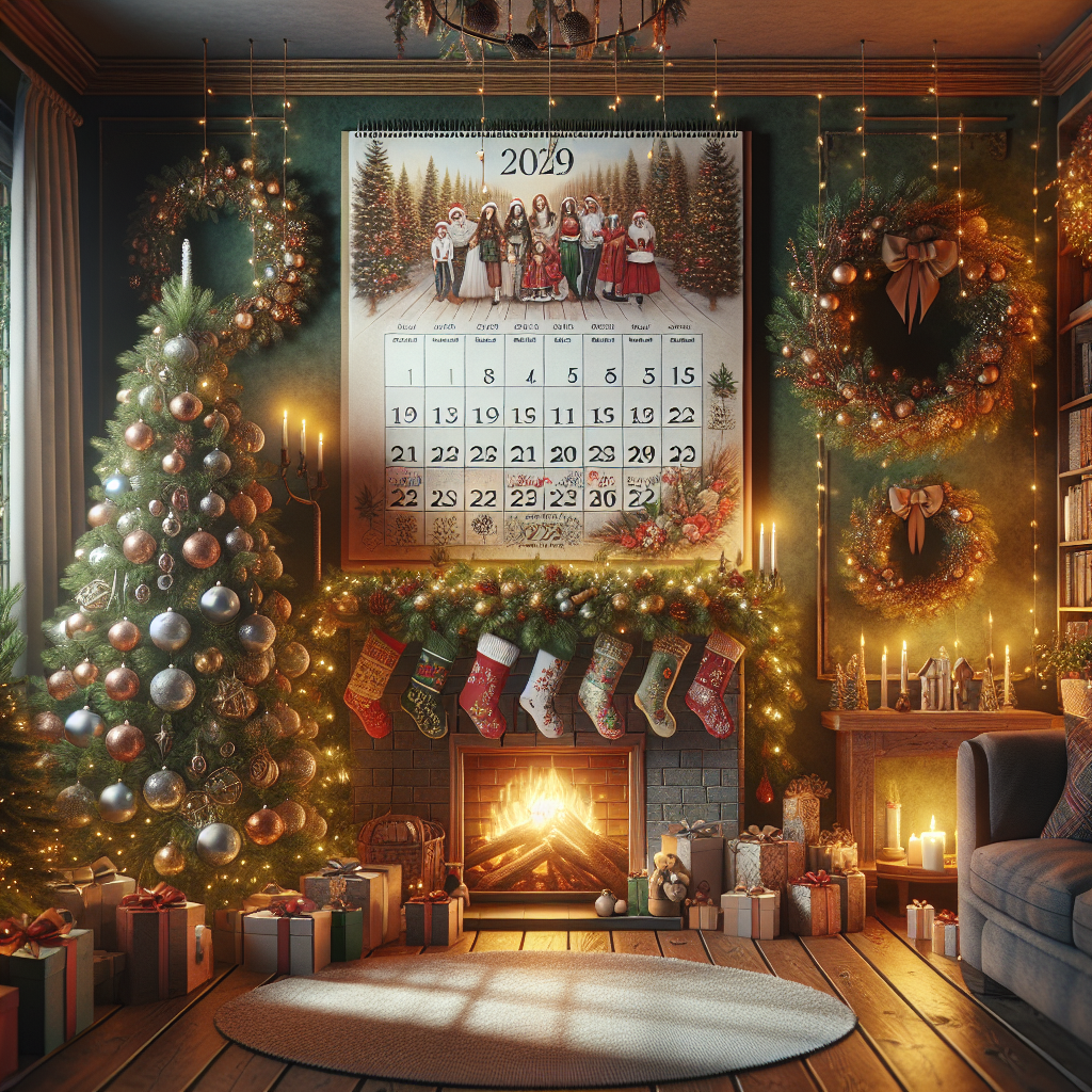 A cozy holiday scene with a print on demand holiday calendar, decorated living room, and festive holiday decorations.