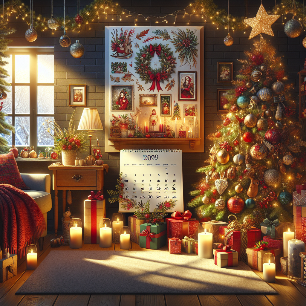 A festive holiday setting with a print on demand holiday calendar showcasing seasonal themes and personal photos, surrounded by holiday decorations.