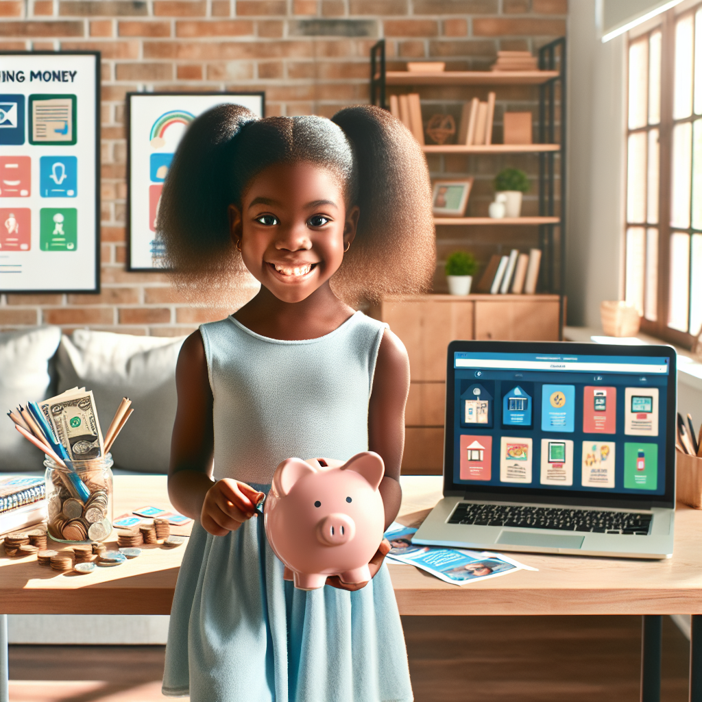 A child holding a piggy bank in a cozy room with financial resources, promoting financial literacy.