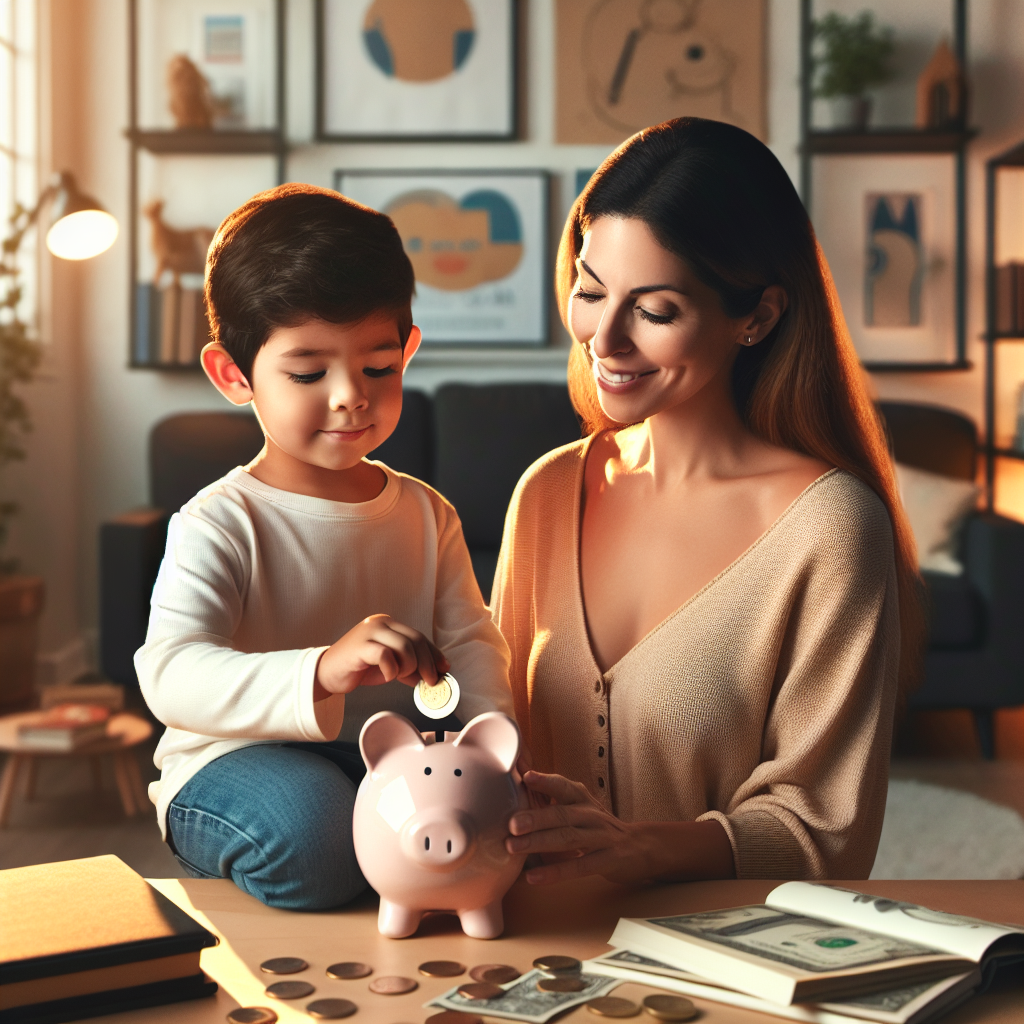 Parent teaching child about saving money with a piggy bank in a cozy living room.