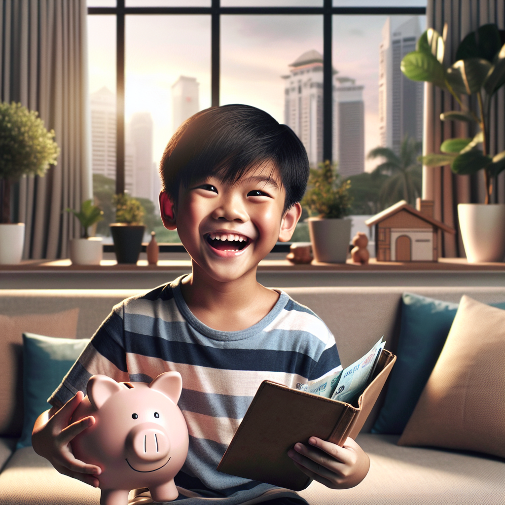 A child holding a piggy bank and a savings passbook in a cozy living room.