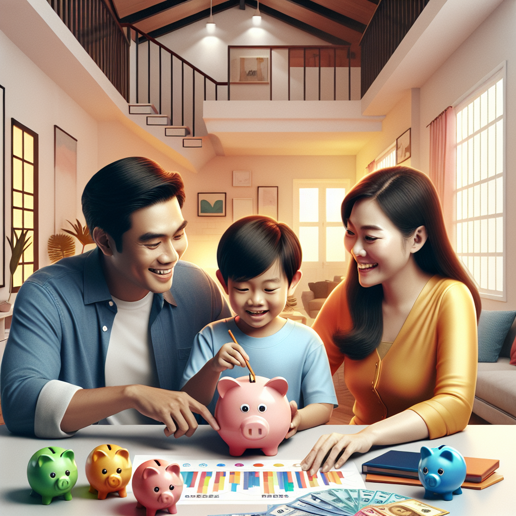An Asian family discussing child accounts in a modern, well-lit home setting.