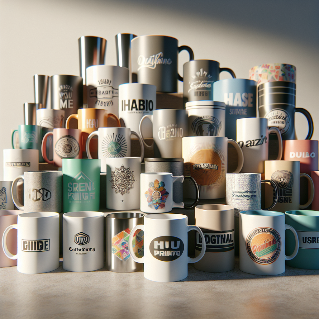 Various types of mugs used for printing: ceramic, glass, and stainless steel, showcasing different printing methods.